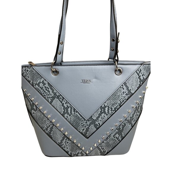 Vera New York Blue Faux Leather Studded Tote With Snake Print Design & Zip Closu - Picture 1 of 6
